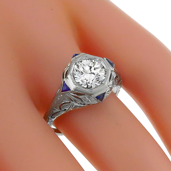 Art Deco 1.28ct Old European Cut Sapphire 18k White Gold Engagement Ring