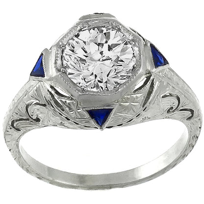 Art Deco 1.28ct Old European Cut Sapphire 18k White Gold Engagement Ring