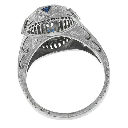 Art Deco 1.28ct Old European Cut Sapphire 18k White Gold Engagement Ring