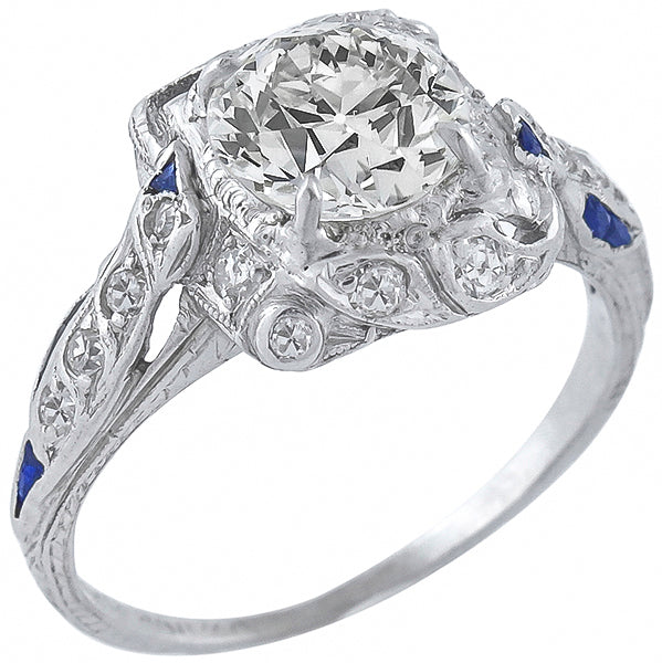 Art Deco 1.33ct Diamond & Sapphire Platinum Engagement Ring