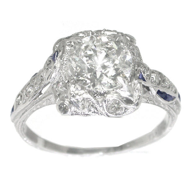 Art Deco 1.33ct Diamond & Sapphire Platinum Engagement Ring
