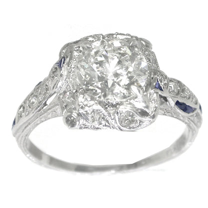 Art Deco 1.33ct Diamond & Sapphire Platinum Engagement Ring