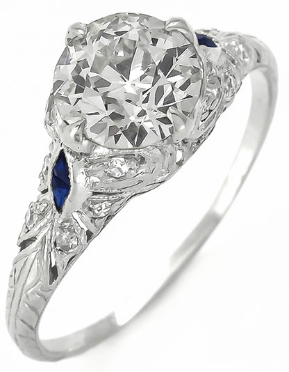 Art Deco 1.37ct Diamond Sapphire Platinum Engagement Ring