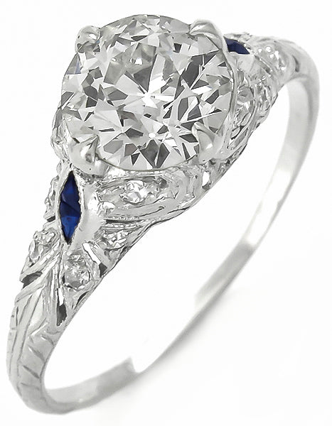 Art Deco 1.37ct Diamond Sapphire Platinum Engagement Ring
