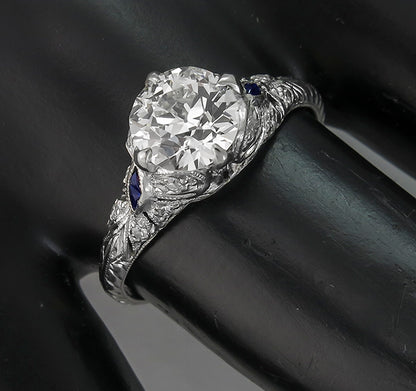Art Deco 1.37ct Diamond Sapphire Platinum Engagement Ring