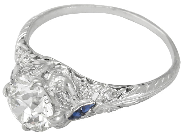 Art Deco 1.37ct Diamond Sapphire Platinum Engagement Ring