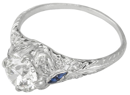 Art Deco 1.37ct Diamond Sapphire Platinum Engagement Ring