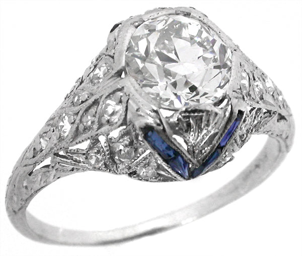 Art Deco 1.37ct Round Brilliant Diamond and Sapphire Engagement Ring
