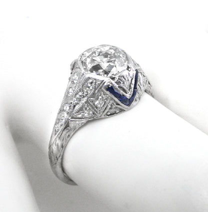 Art Deco 1.37ct Round Brilliant Diamond and Sapphire Engagement Ring