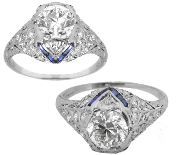 Art Deco 1.37ct Round Brilliant Diamond and Sapphire Engagement Ring