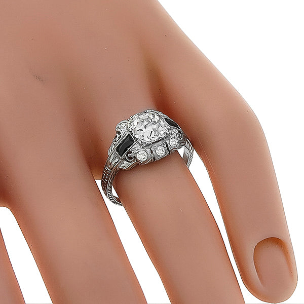 Art Deco 1.38ct Cushion Cut Diamond Platinum Engagement Ring