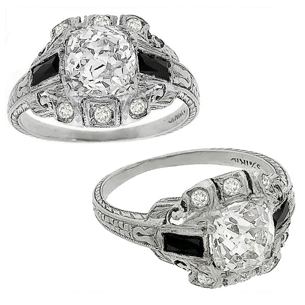 Art Deco 1.38ct Cushion Cut Diamond Platinum Engagement Ring