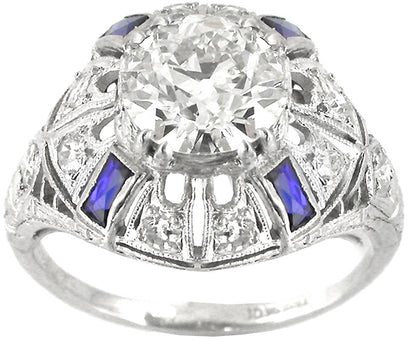 Art Deco 1.42ct Old Mine  Diamond Sapphire Platinum Ring