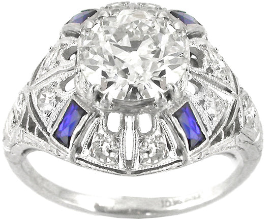Art Deco 1.42ct Old Mine  Diamond Sapphire Platinum Ring