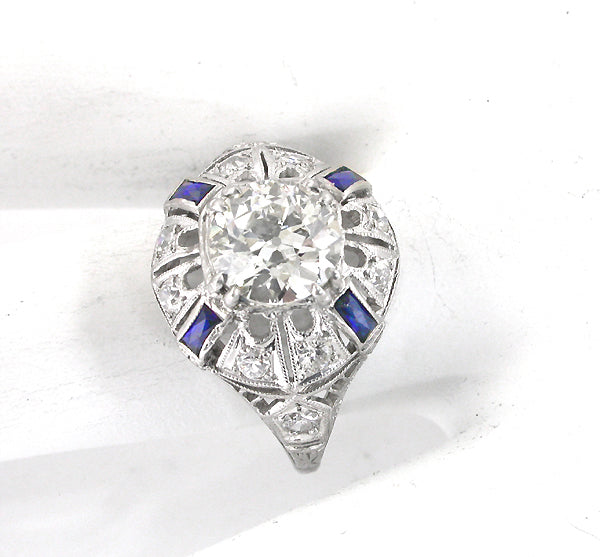 Art Deco 1.42ct Old Mine  Diamond Sapphire Platinum Ring