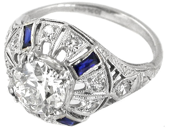 Art Deco 1.42ct Old Mine  Diamond Sapphire Platinum Ring