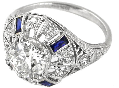 Art Deco 1.42ct Old Mine  Diamond Sapphire Platinum Ring