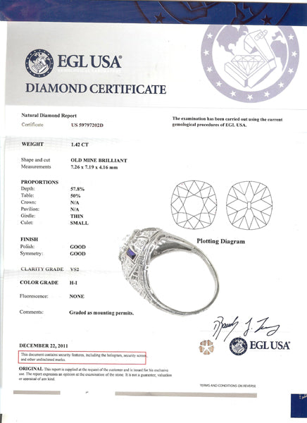 Art Deco 1.42ct Old Mine  Diamond Sapphire Platinum Ring