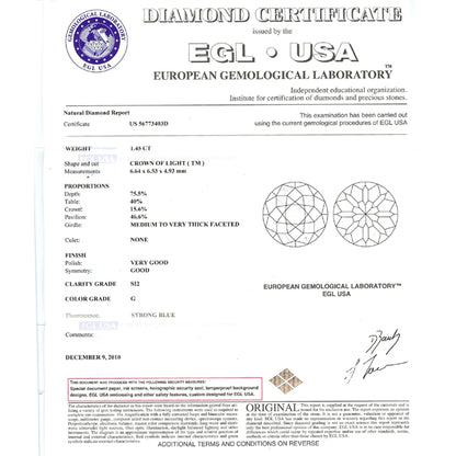 Art Deco 1.45ct EGL Certified G SI2 Diamond Platinum Engagement Ring