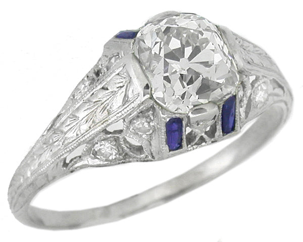 Art Deco 1.51ct Diamond Sapphire Platinum Engagement Ring