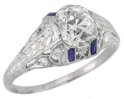 Art Deco 1.51ct Diamond Sapphire Platinum Engagement Ring