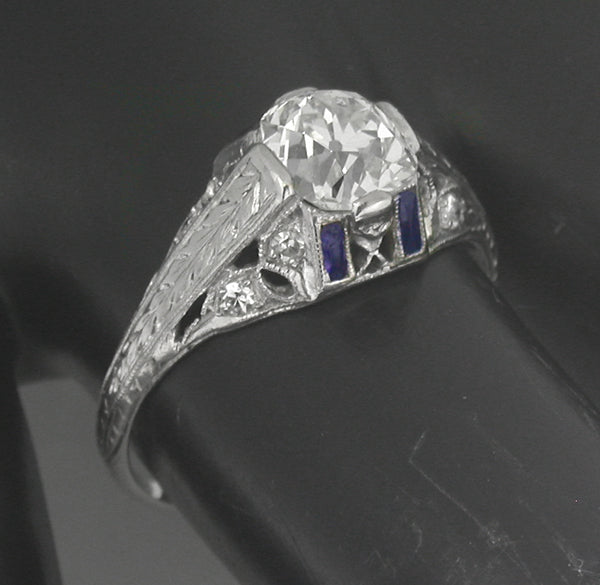 Art Deco 1.51ct Diamond Sapphire Platinum Engagement Ring