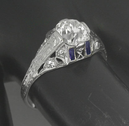 Art Deco 1.51ct Diamond Sapphire Platinum Engagement Ring