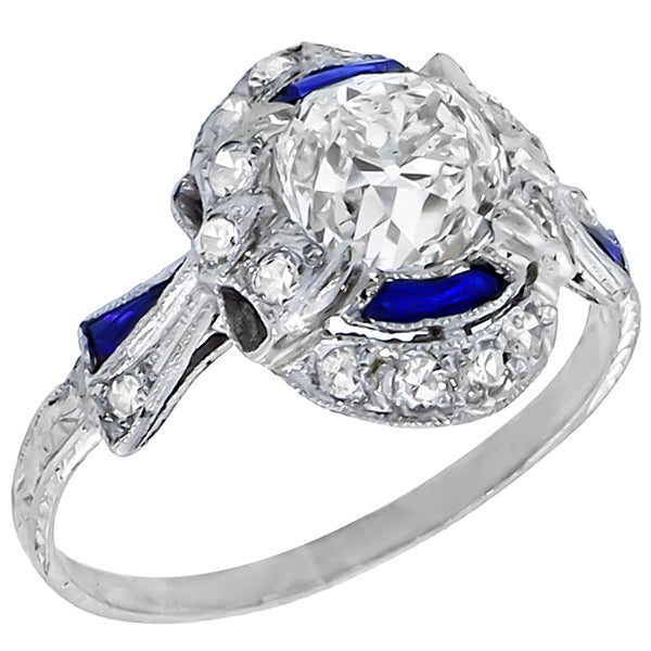 Art Deco 1.52ct GIA Certified Diamond Sapphire Platinum Engagement Ring