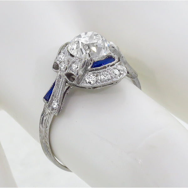 Art Deco 1.52ct GIA Certified Diamond Sapphire Platinum Engagement Ring