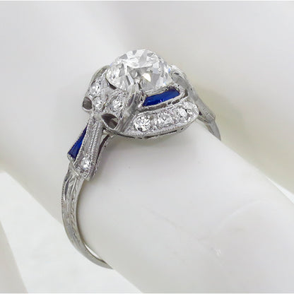 Art Deco 1.52ct GIA Certified Diamond Sapphire Platinum Engagement Ring