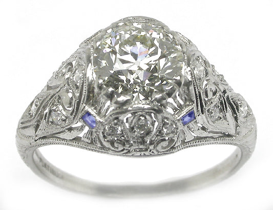 Art Deco 1.57ct Diamond & Sapphire Platinum Engagement Ring