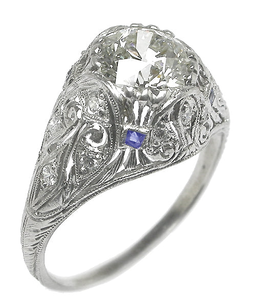 Art Deco 1.57ct Diamond & Sapphire Platinum Engagement Ring