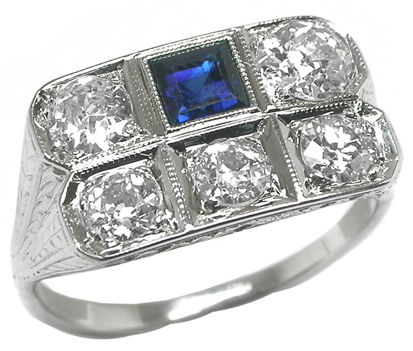 Art Deco 1.75ct Diamond Sapphire 18k White Gold Ring