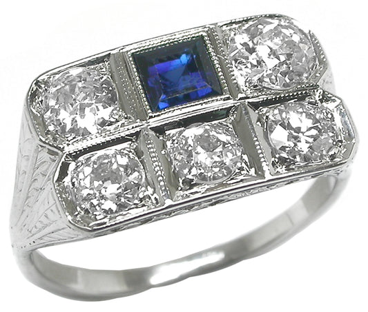 Art Deco 1.75ct Diamond Sapphire 18k White Gold Ring