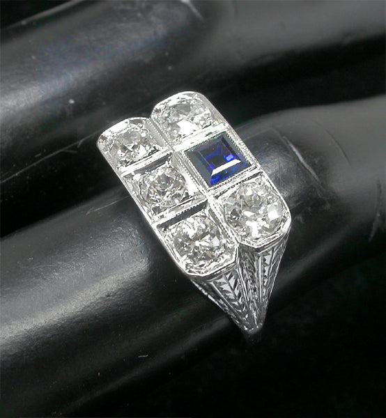 Art Deco 1.75ct Diamond Sapphire 18k White Gold Ring