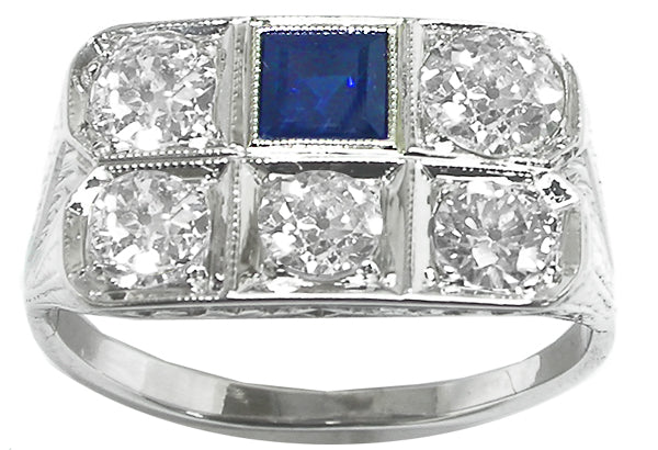 Art Deco 1.75ct Diamond Sapphire 18k White Gold Ring
