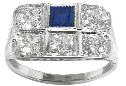 Art Deco 1.75ct Diamond Sapphire 18k White Gold Ring