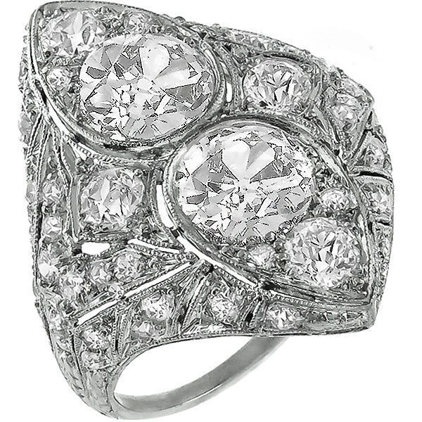 Art Deco 1.80ct & 1.60ct Old Mine Cut Center Diamond Platinum Ring
