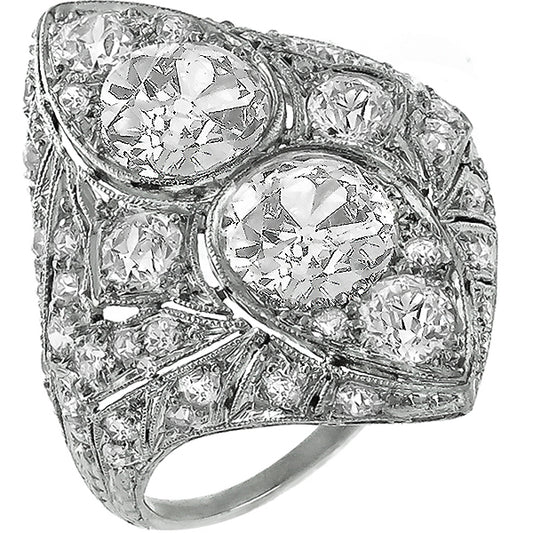 Art Deco 1.80ct & 1.60ct Old Mine Cut Center Diamond Platinum Ring