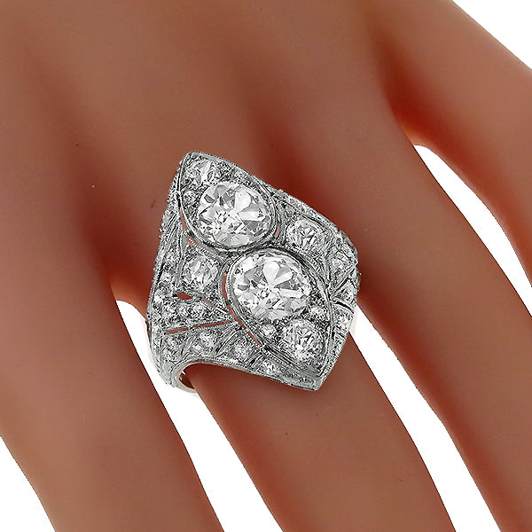 Art Deco 1.80ct & 1.60ct Old Mine Cut Center Diamond Platinum Ring