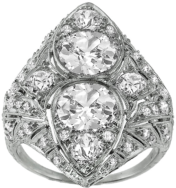 Art Deco 1.80ct & 1.60ct Old Mine Cut Center Diamond Platinum Ring