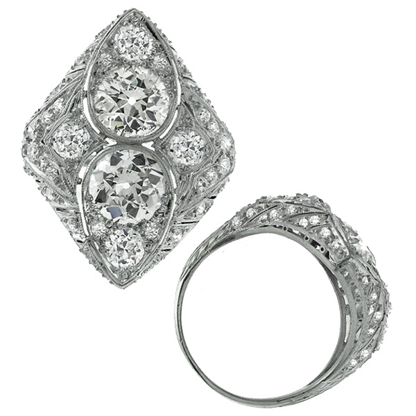Art Deco 1.80ct & 1.60ct Old Mine Cut Center Diamond Platinum Ring
