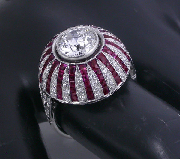 Art Deco 1.85ct Diamond Ruby Platinum Ring