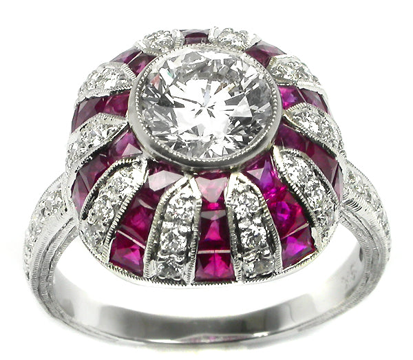 Art Deco 18k White Gold 1.29ct Round  Diamond Ruby Ring