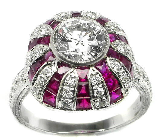 Art Deco 18k White Gold 1.29ct Round  Diamond Ruby Ring