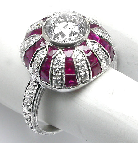 Art Deco 18k White Gold 1.29ct Round  Diamond Ruby Ring