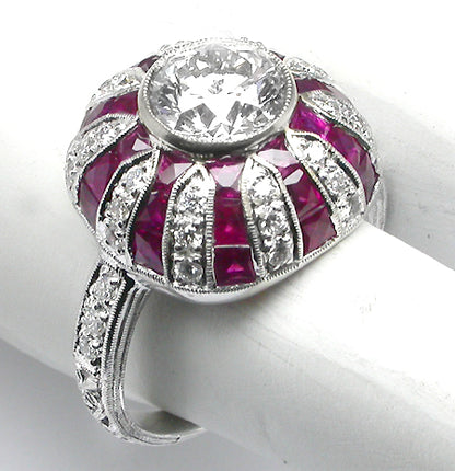 Art Deco 18k White Gold 1.29ct Round  Diamond Ruby Ring
