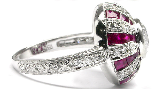 Art Deco 18k White Gold 1.29ct Round  Diamond Ruby Ring