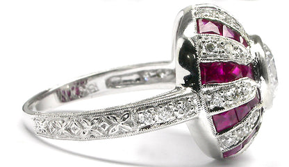 Art Deco 18k White Gold 1.29ct Round  Diamond Ruby Ring