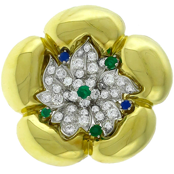 Art Deco and 1960s Diamond Emerald and Sapphire Gold and Platinum Pin